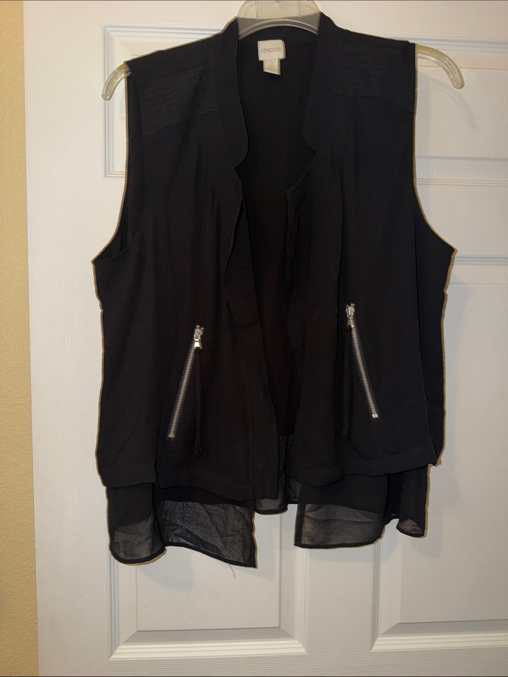 Chico's Black Sheer-Layer Zip Pocket Sleeveless Vest